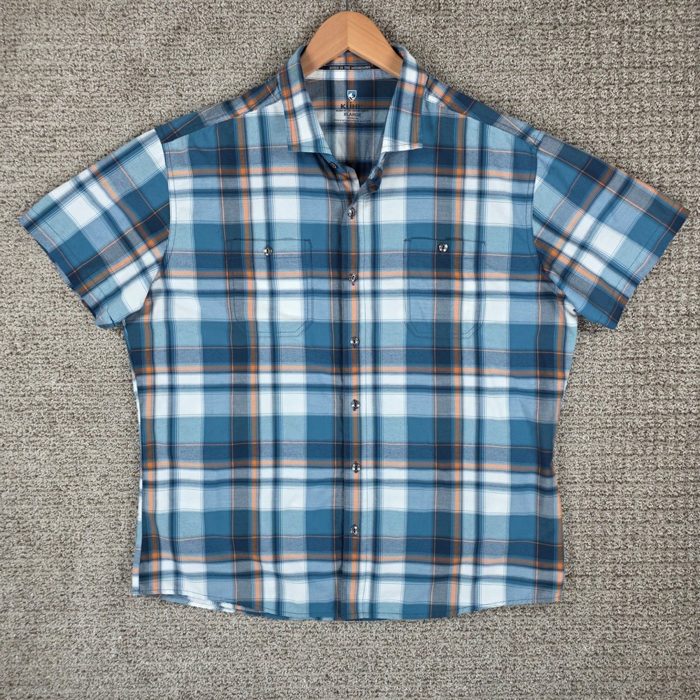 Kuhl Mens Styk XL Short Sleeve Button Down Shirt Blue Plaid Hiking Outdoor